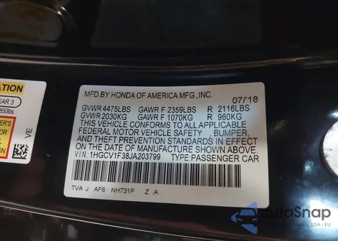 2018 Honda Accord Sport из США, поврежденный, VIN 1HGCV1F38JA203799